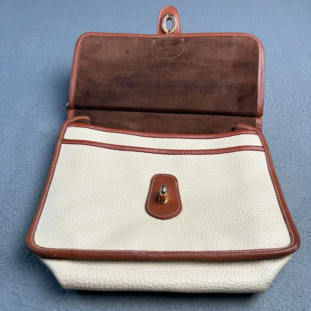 Vintage Pebbled Leather Satchel Handbag Cream Brown Turn Lock Top Handle Bag